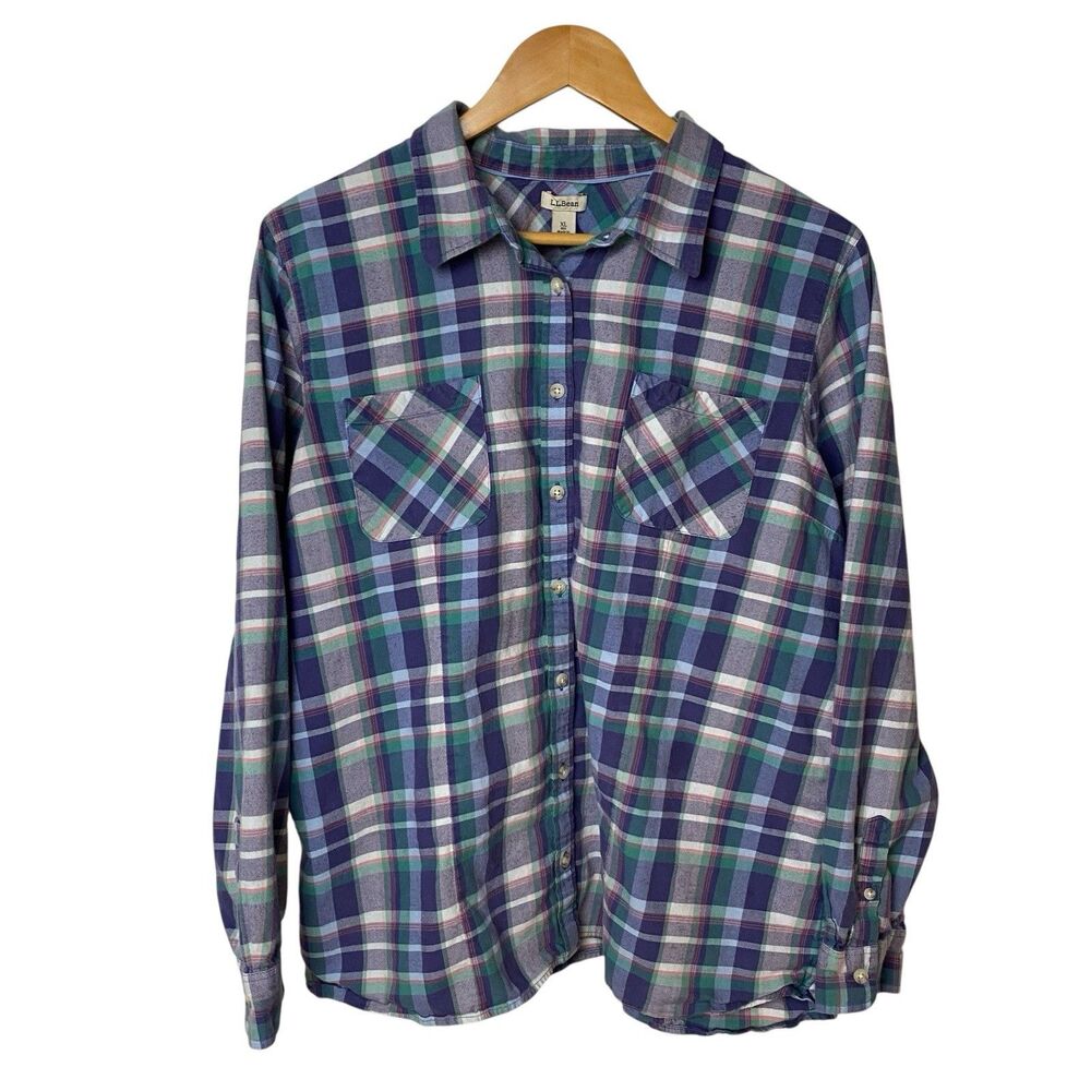 LL Bean Women's XL Plaid Flannel Shirt 100% Cotton Purple Button Front Outdoor
